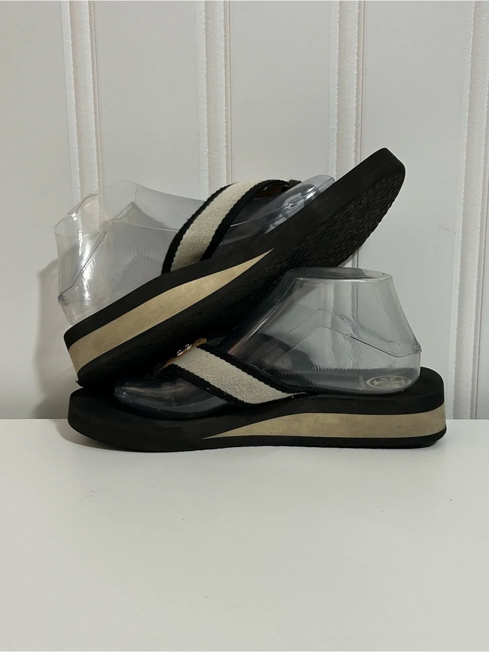 Tory Burch Black Footbed Flip Flops with Cream Straps platform